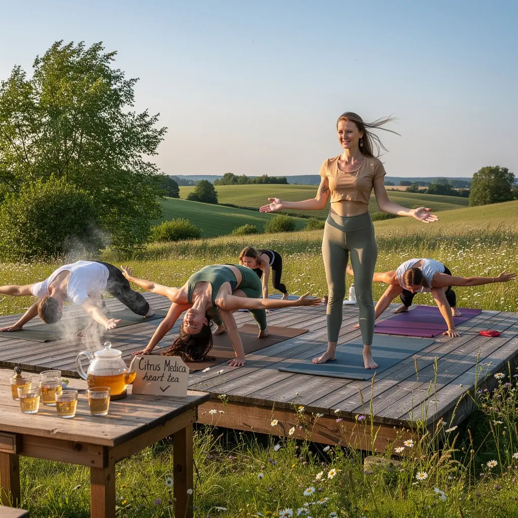 Šiltas arbatos puodelis, skleidžiantis aromatą, šalia žydinčių gėlių.