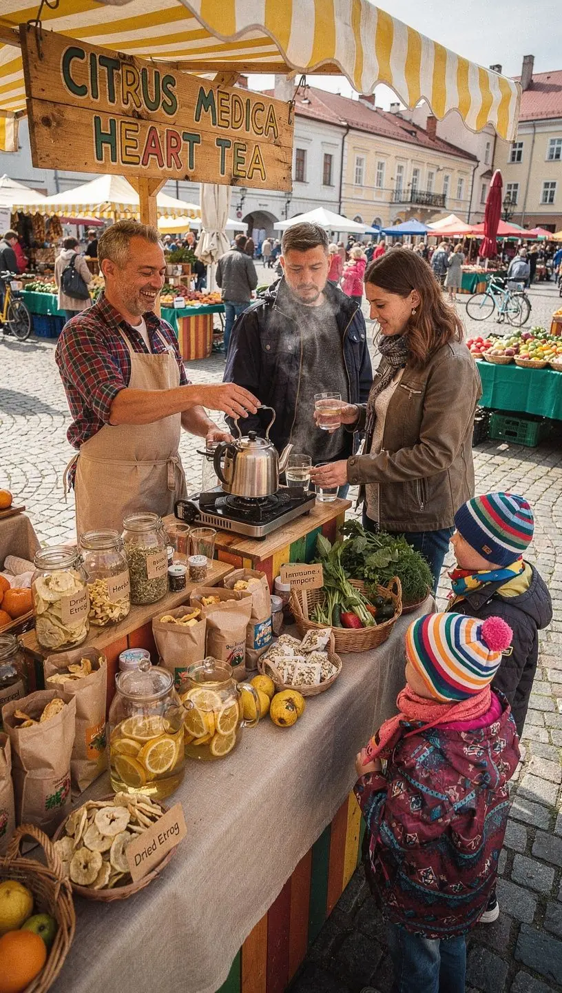Meditacinė aplinka, kurioje žmonės mėgaujasi Citrus Medica arbata.